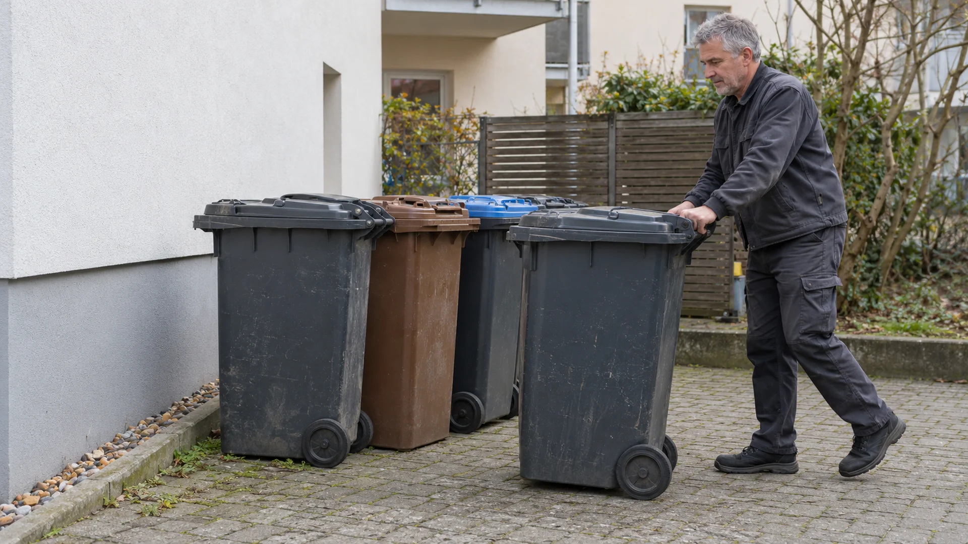 Hausmeister stellt Mülltonnen für die Abholung bereit
