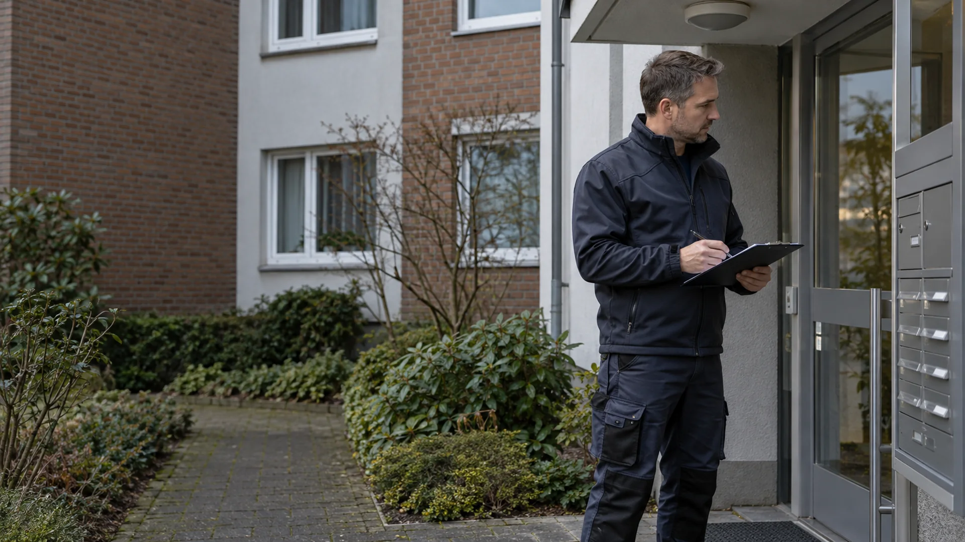 Hausmeister prüft einen Zugang am Objekt