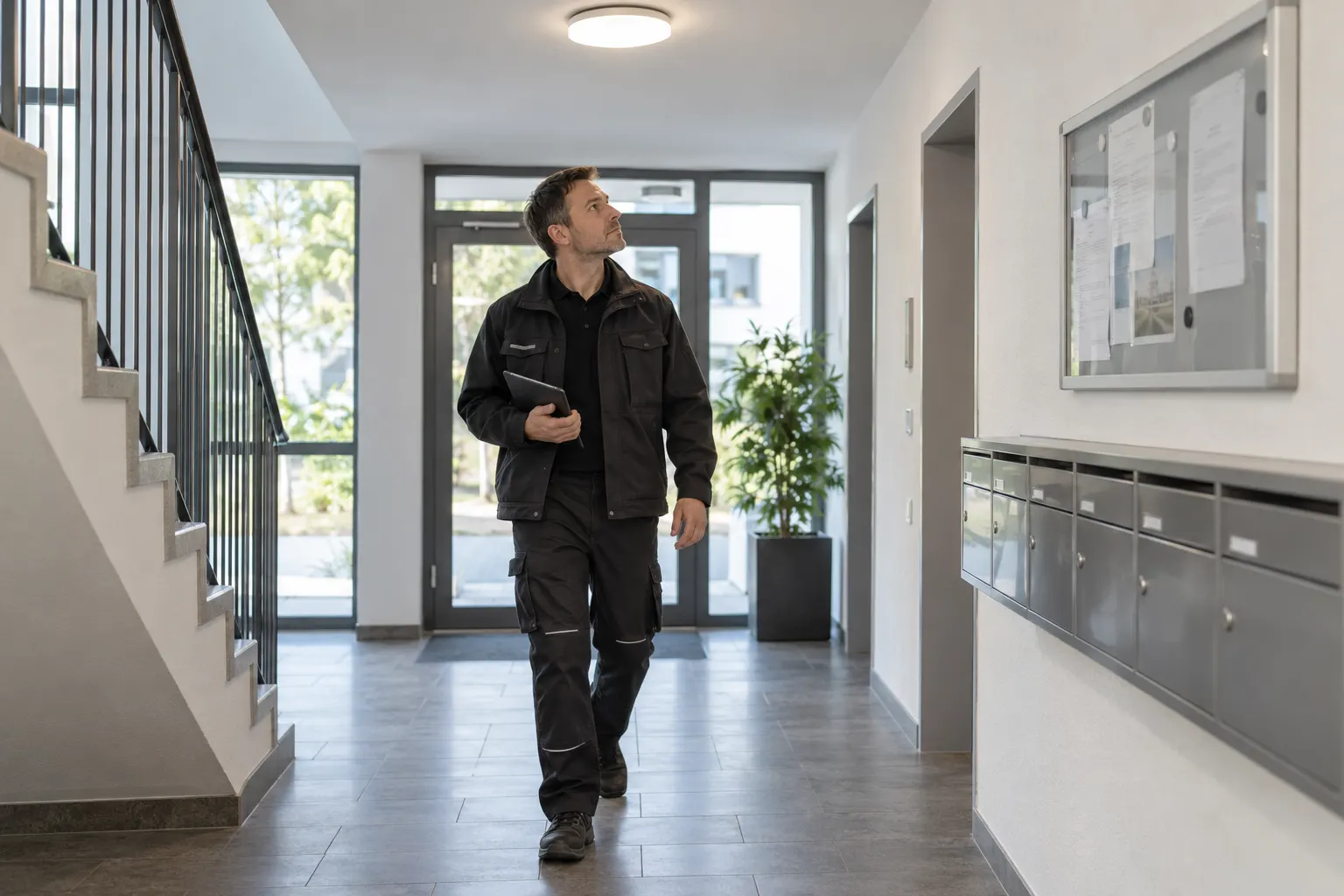 Hausmeister kontrolliert einen Objektzugang