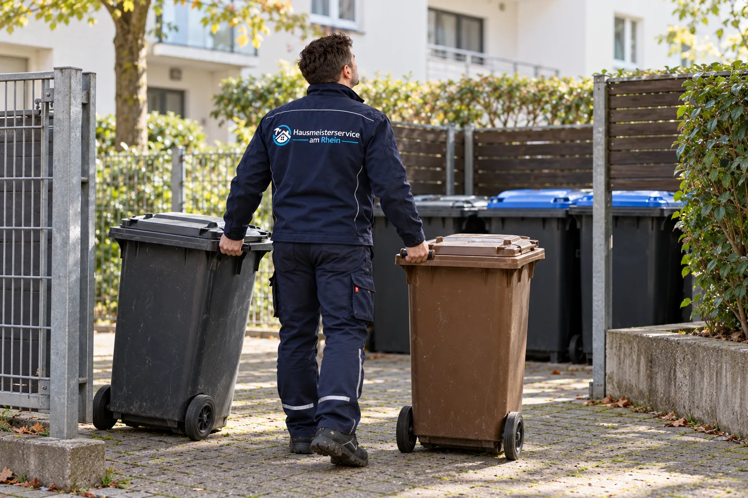 Hausmeister stellt Mülltonnen an einer Wohnanlage zurück