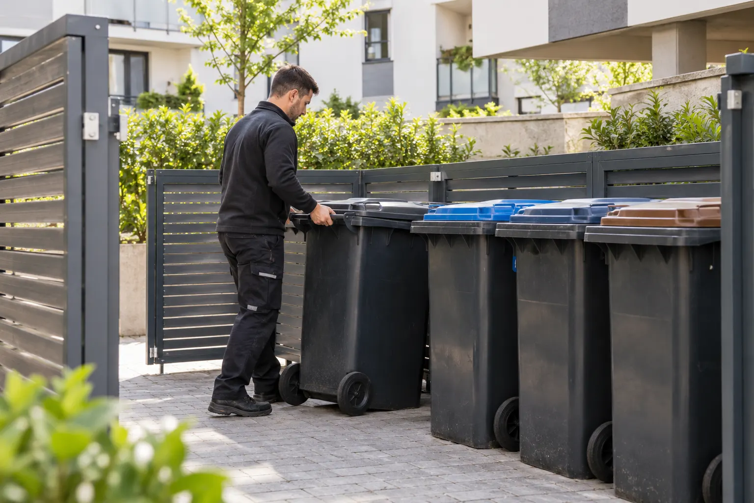 Hausmeister organisiert Tonnenbereiche an einem Mehrfamilienhaus