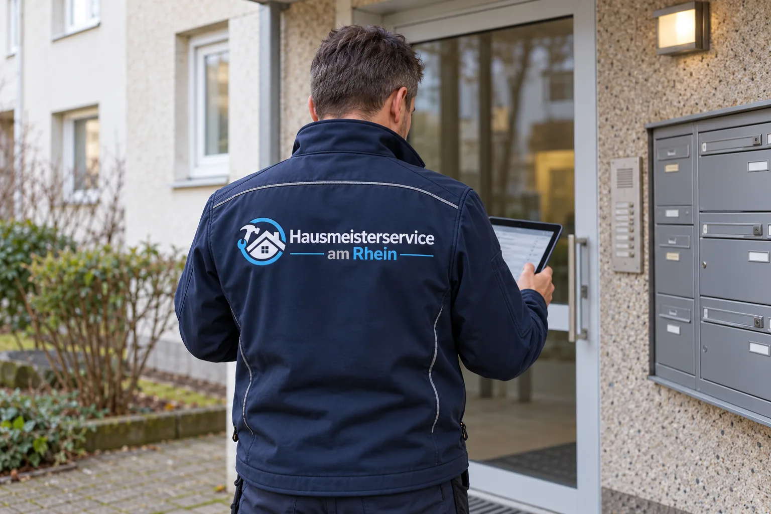 Hausmeister kontrolliert den Eingangsbereich einer Wohnanlage